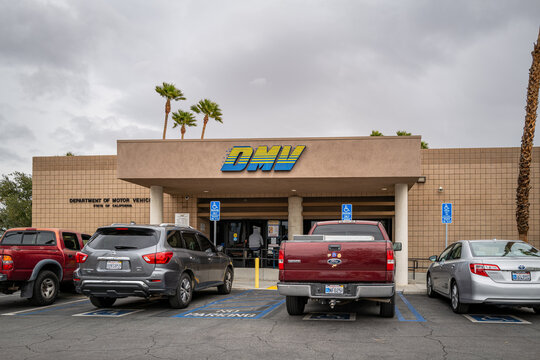 Palm Springs, CA U.S.A. - March 2025: State of California Department of Motor Vehicles (DMV) exterior of building with sign. It is located at 950 North Farrell Drive.