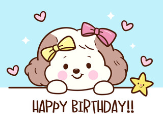 cute dog birthday party with star and bow tie coquette style whimsical characters. cocker spaniel puppy playing