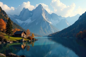 Fototapeta premium Majestic mountain range in autumn hues with cabin nestled beside tranquil lake, mountains, landscape, lake