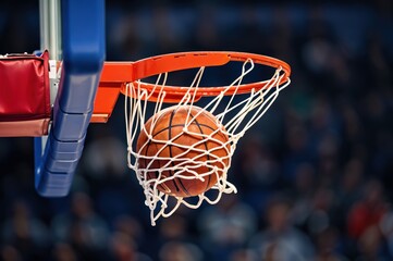 A basketball glides effortlessly through the hoop, capturing a moment of triumph in a lively arena where the crowd erupts with excitement. The atmosphere is electric.