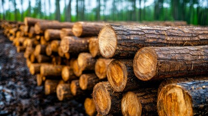 Stacked logs in a forest setting, showcasing natural wood textures