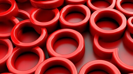 Abstract red glossy rings are layered on a surface together