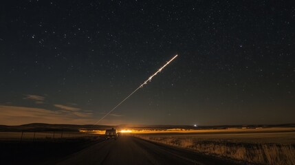 Night sky ablaze with a shooting star streaking across a dark, rural landscape.