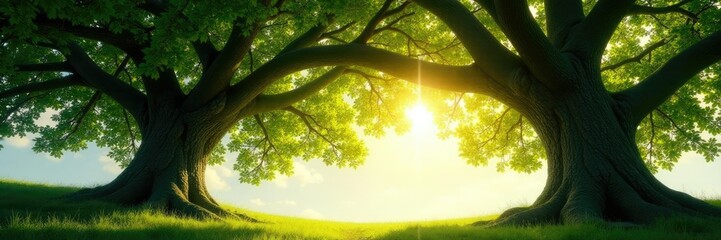 Fototapeta premium Majestic tree archway with sunlight filtering through leaves and foliage, leafy, branches, leaf