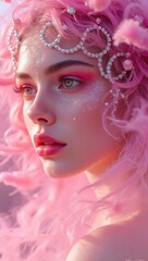 Naklejka premium A close-up portrait showcases a woman with ethereal beauty. Her pink curly hair frames a face with striking red eyes, full pink lips, and sparkling blush. She wears large, ornate silver earrings, all 