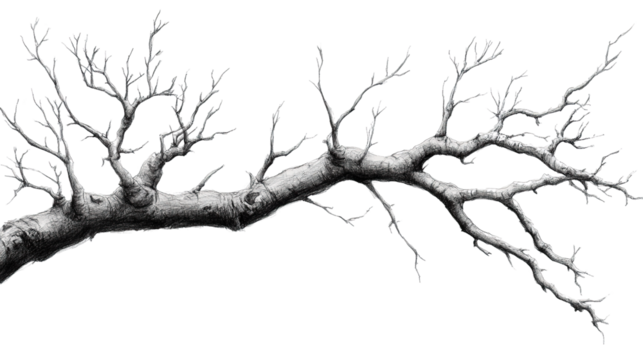 Silhouette of dead tree branches against a winter sky with snow, ice, and a cold, abstract feel, capturing the essence of nature in the forest during the season of change