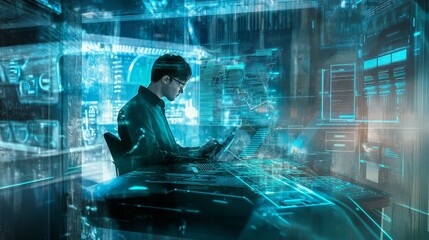 A blockchain researcher working on AI powered solutions for real time crypto mining performance monitoring, futuristic mining facility with live performance data, High-tech style