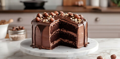 Obraz premium Chocolate Layer Cake Topped With Nuts and Chocolate Decorations on Marble Stand