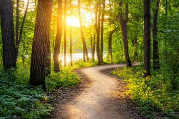 Obraz premium Sunlit Path Through Lush Green Forest Leading to Tranquil Lake at Dusk