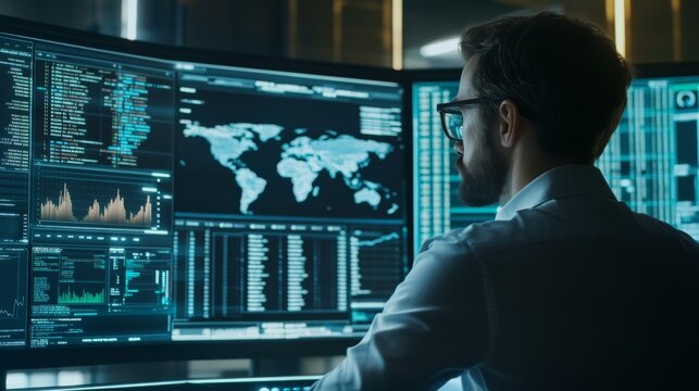 A blockchain specialist designing AI enhanced prediction markets for cryptocurrency, futuristic financial center with real-time market data visualization, High-tech style