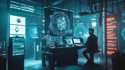 Obraz premium A blockchain specialist developing AI based crypto security audit systems, futuristic tech lab with real-time threat detection models, High-tech style