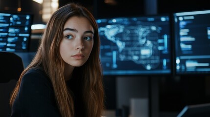 Fototapeta premium A blockchain specialist developing AI based crypto security audit systems, futuristic tech lab with real-time threat detection models, High-tech style