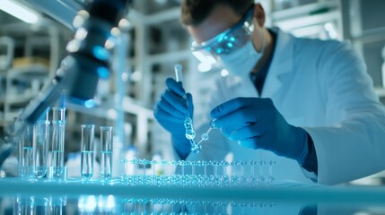 A chemist synthesizing nanomaterials in a high tech lab, modern laboratory with molecular analysis equipment and holographic atomic structures, High-tech style