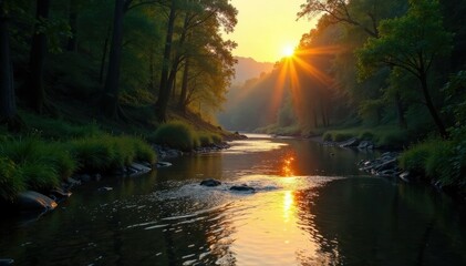 River flowing through dense forest with sunset glow, water, natural, landscape