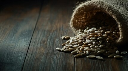 Obraz premium A burlap sack spills sunflower seeds onto a dark wooden surface.