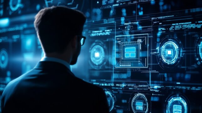 A crypto researcher designing AI powered blockchain based voting systems, futuristic democracy lab with real-time electoral simulations, High-tech style