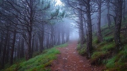 Fototapeta premium Misty forest path surrounded by trees with a serene atmosphere.