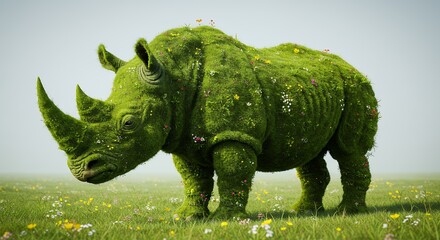 Fototapeta premium Green Rhino Covered with Grass and Flowers Standing in Field