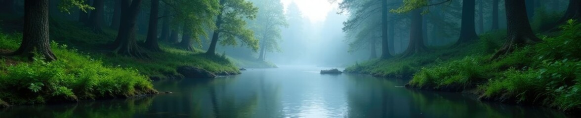 Fototapeta premium River flows through a misty forest clearing with tall trees on either side, trees, serenity, landscape