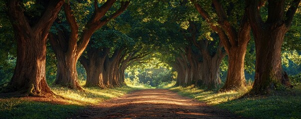 Naklejka premium Lush tree-lined path creating a serene, natural atmosphere.