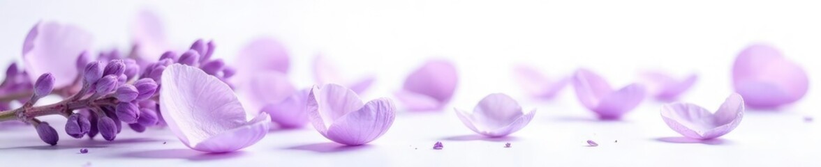 Soft lavender petals falling on a white background, gentle, perfume