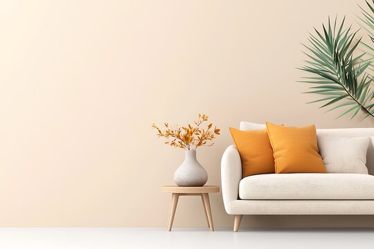 Cozy living room design bright atmosphere with potted plants for eye-level aesthetic appeal