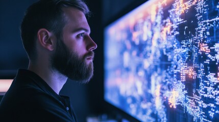 A cryptocurrency developer designing AI powered decentralized cross border payment systems for digital currencies, futuristic payment lab with real-time transaction data, High-tech style