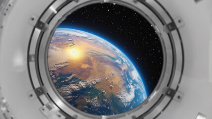 Earth seen from space through spaceship window