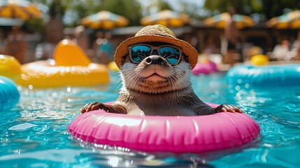 Playful otter enjoying a pool party summer oasis animal photography bright environment close-up view