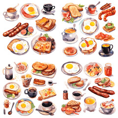  Watercolor illustration of delicious breakfast foods including eggs, toast, bacon, coffee, and more. Ideal for food blogs, menus, cafe branding, and culinary-themed designs.