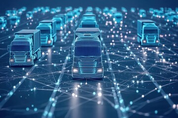 A futuristic digital representation of trucks connected by a network, symbolizing advanced logistics and transportation technology.