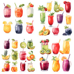 Colorful watercolor illustration of various fruit juices and smoothies in jars and glasses. Perfect for summer, healthy lifestyle, food, and beverage-themed design projects.