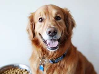 Happy golden retriever enjoys dry food in cozy setting