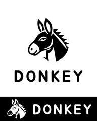 A modern and minimalistic donkey logo featuring a stylized donkey head in black and white