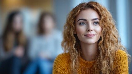 Obraz premium Young Woman with Curly Hair in Cozy Sweater Smiling Cheerfully
