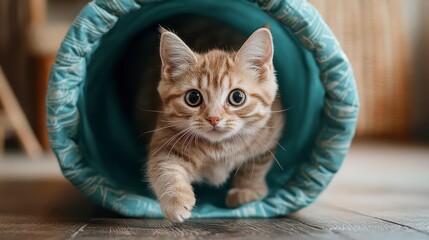 Curious kitten exploring a colorful tunnel in a cozy home setting