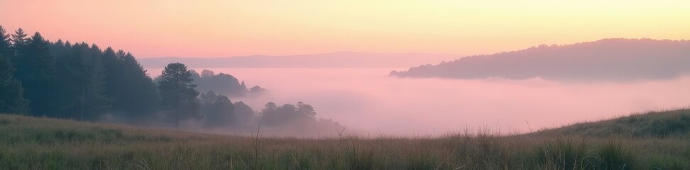 Obraz premium Soft peach fog creeps across a serene landscape,, calming