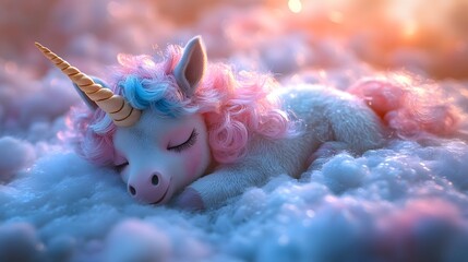 little unicorn sleeping on fluffy white cloud with pink and blue hair