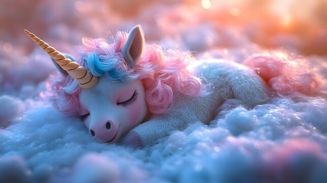 little unicorn sleeping on fluffy white cloud with pink and blue hair
