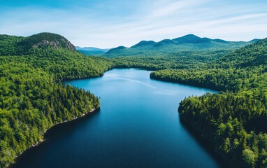 Aerial View of Calm Lake Surrounded by Green Forest and Mountains