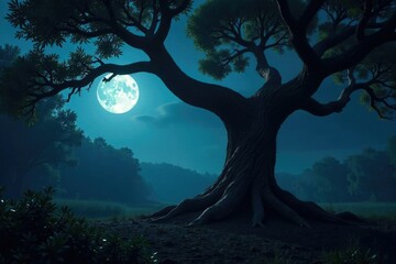 Twisted tree trunk with gnarled branches amidst moonlit forest shadows, gnarled, dark