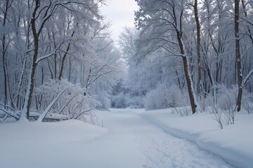 Fototapeta premium Chilly Winter Woods Blanketed in Thick Snow for a Peaceful Nature Scene