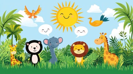 A vibrant illustration of playful cartoon animals in a lush jungle, with a bright sun and cheerful clouds, creating a joyful, lively atmosphere.
