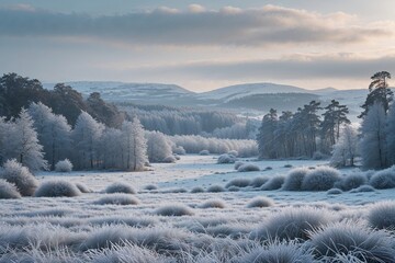 Frosted Timberland Landscape in a Chilly Winter Backdrop