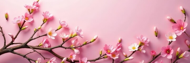 Twisted willow branches intertwined with colorful flowers on pink Easter background, pink, spring