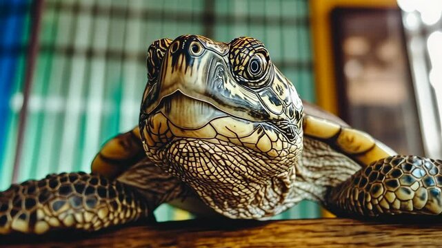 Close-up view of a detailed tortoise resting on a wooden surface in a natural habitat during daylight
