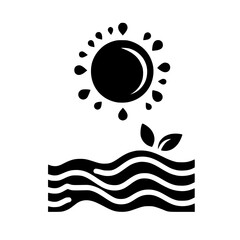 A minimalist black and white illustration depicting a sun with droplet-like rays above wavy lines representing water, and a plant emerging from the waves.