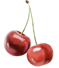 Fresh red cherries hanging on green stems, showcasing their vibrant color and glossy texture, evoke sense of summer sweetness and natural beauty