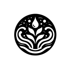 Elegant Black and White Circular Logo Featuring a Water Drop Nourishing Plant Life in a Stylized Wave Setting.