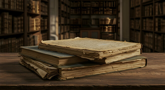 Stacked Old Books On Wooden Table In Library